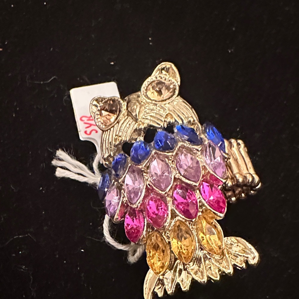 NWT Goldtone Owl Ring – Multicolored Crystals – Stretch Band – Palm Beach